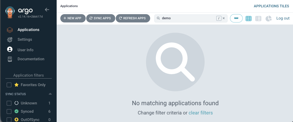 Argo CD UI showing the deleted application is no longer listed