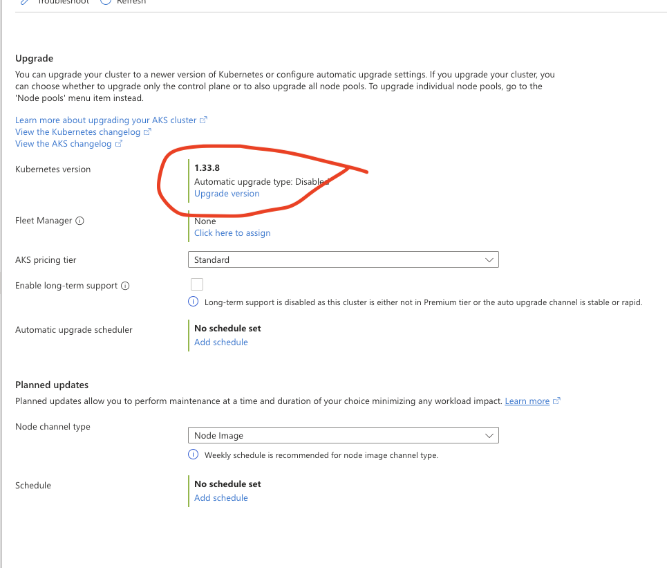 Upgrade blade showing the current Kubernetes version, with the Upgrade version link circled