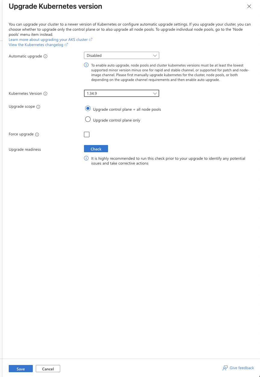 Upgrade Kubernetes version dialog with version dropdown, upgrade scope, and Check button