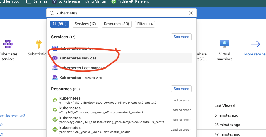 Searching "kubernetes" in the Azure Portal search bar, with Kubernetes services circled in the results