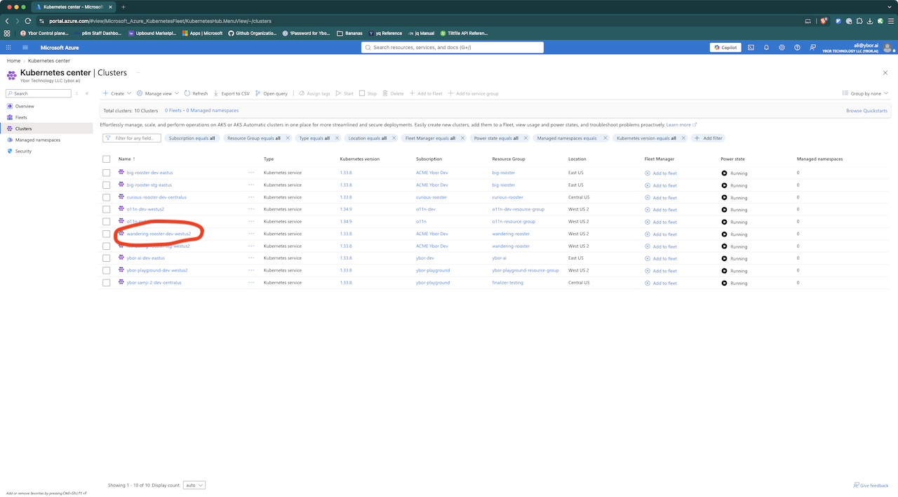 Selecting a cluster from the Kubernetes services cluster list