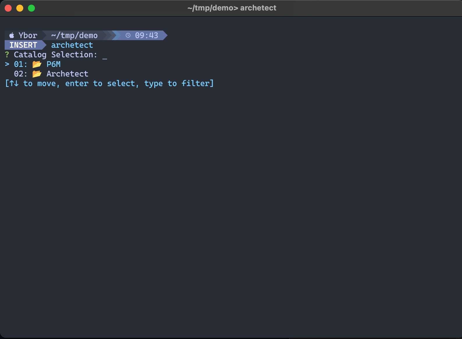 Archetect catalog selection showing P6M and Archetect options