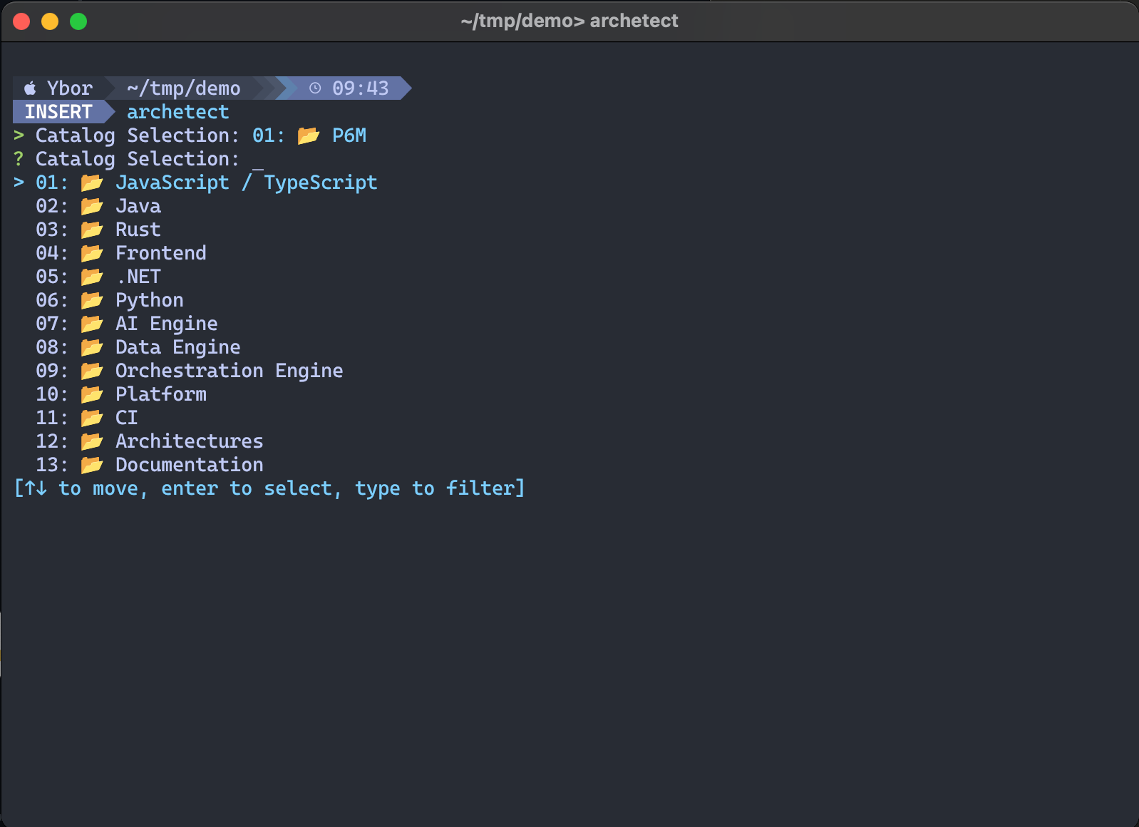 P6M catalog categories including JavaScript/TypeScript, Java, Rust, Frontend, and more