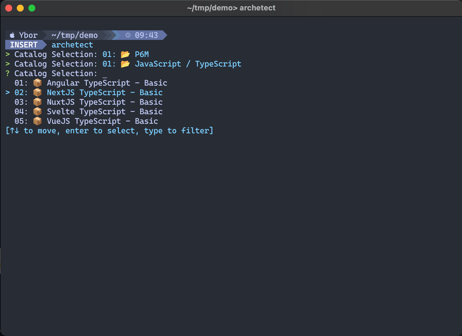 Archetype list within JavaScript/TypeScript showing Angular, NextJS, NuxtJS, Svelte, and VueJS options