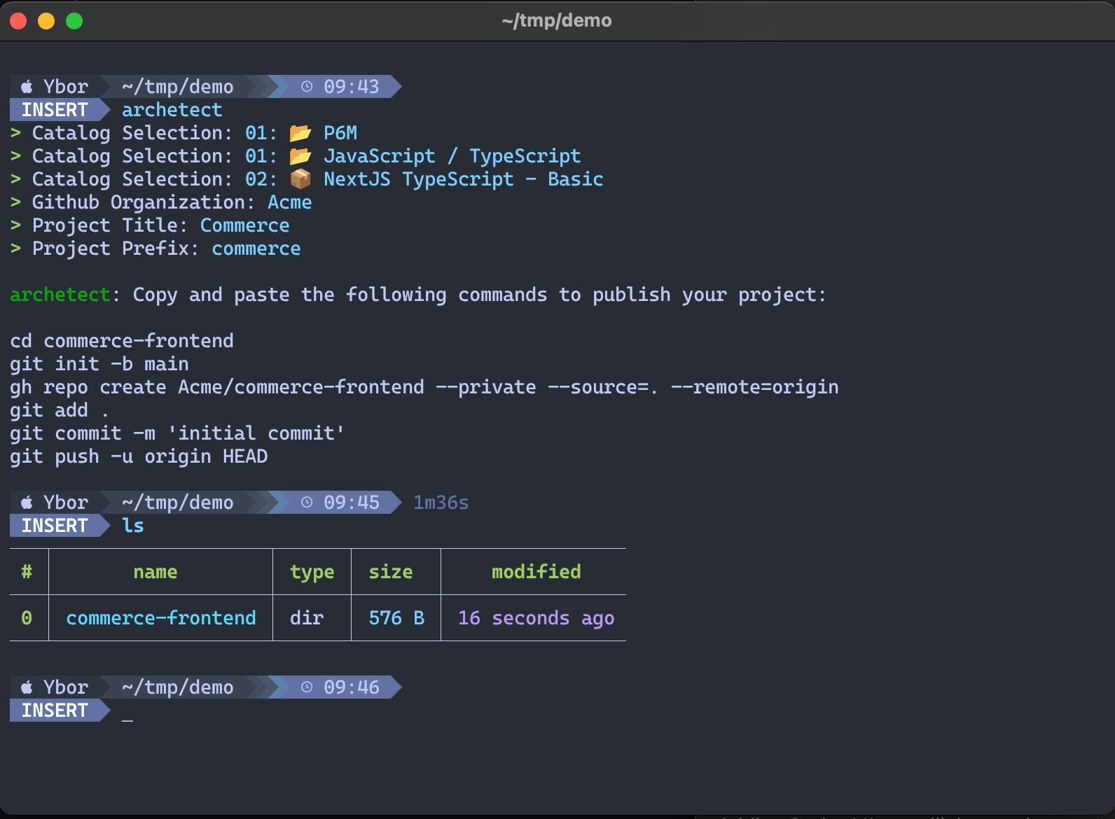 Project generation complete with publish commands and generated directory visible in ls output