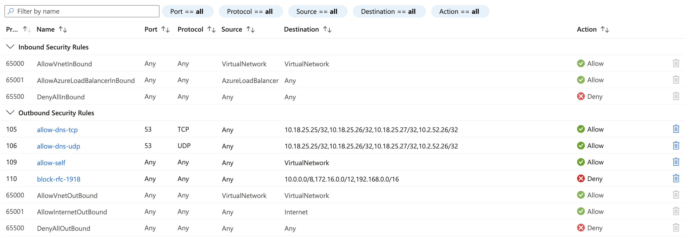 NSG rules in Azure Portal showing the allow-then-deny pattern