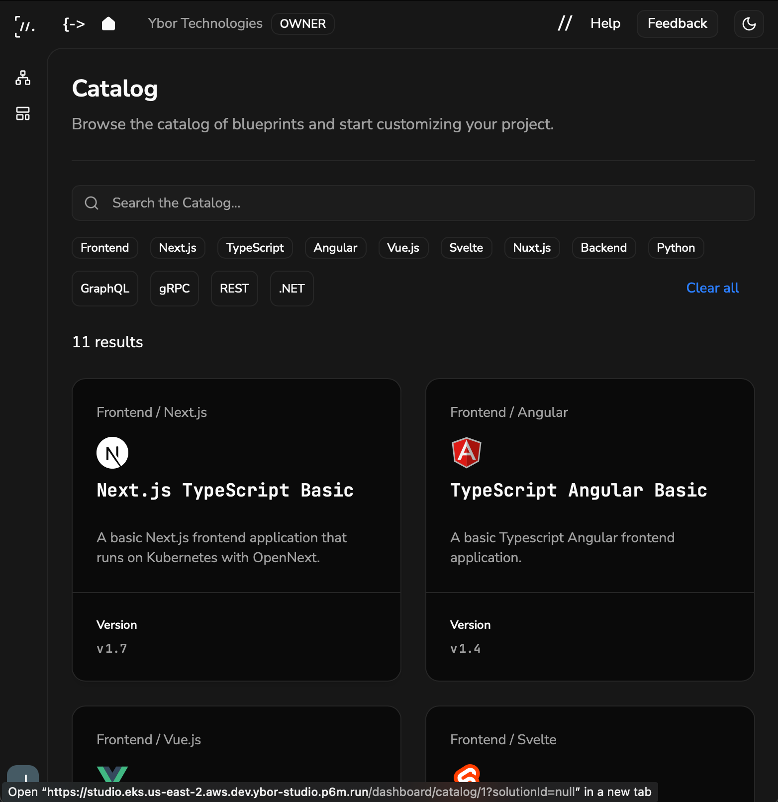 Catalog page with archetype filters and cards