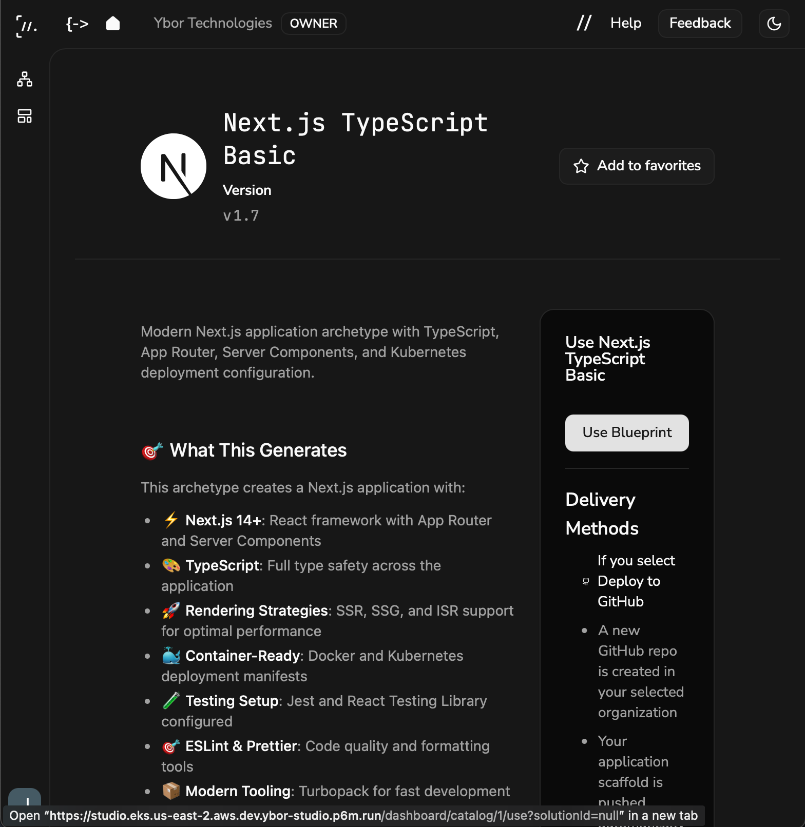 Archetype detail page showing features and project structure